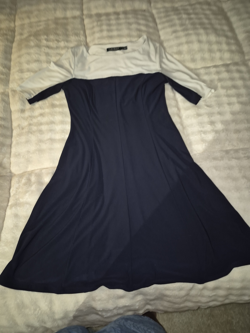 Navy and White Midi Fit-and-Flare Dress - Classic Two-Tone Style